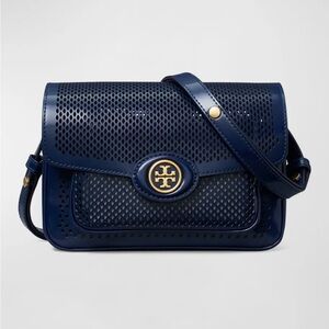 Tory Burch Robinson Perforated Convertible Navy Blue Shoulder Bag